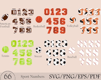 Sports Number Svg Bundle, Baseball, Basketball, Soccer, Football, Volleyball, Tennis, png, Sports Number ClipArt, Uniform Number Svg