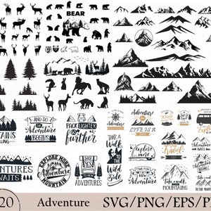 120 Abenteuer svg | Bergkette | Kampieren svg | Landschaft svg | Natur svg | Reise zwart | Baum zwar | Reh Hirsch | Camper geschnitten Datei | Bär svg | svg