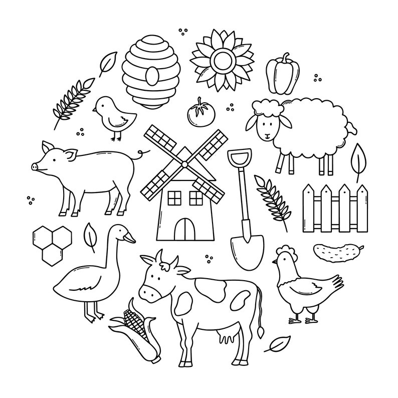 May include: Black and white line drawing of a farm scene with a windmill, a cow, a pig, a sheep, a goose, a chicken, a beehive, a sunflower, a shovel, a fence, a cucumber, a corn cob, and a tomato.