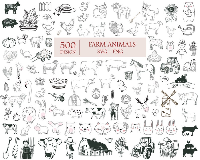 May include: A black and white illustration set of 500 farm animal designs. The set includes a variety of animals, including cows, pigs, chickens, sheep, horses, goats, ducks, geese, and more. The illustrations are in a simple, hand-drawn style.