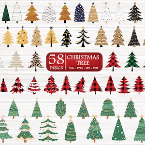 May include: A collection of 58 Christmas tree designs in various styles, including plaid, dotted, and decorated with lights and stars. The designs are in green, gold, black, and red. The text "58 CHRISTMAS TREE DESIGN" is displayed.