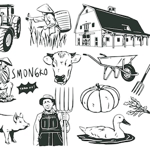 May include: Black and white illustration of a farm scene with various animals, farm equipment, and farm buildings.  The illustration includes a tractor, a cow, a pig, a chicken, a sheep, a duck, a rabbit, a pumpkin, a wheelbarrow, a windmill, a barn, a watering can, a shovel, a pitchfork, and a sign that says "SMONGKO FARM, TARA, ID"