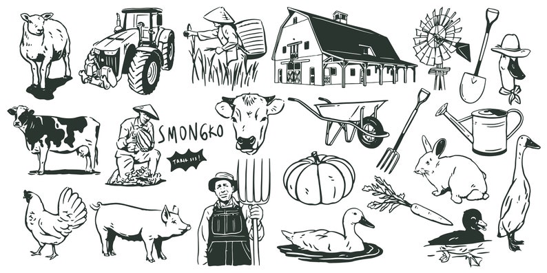 May include: Black and white illustration of a farm scene with various animals, farm equipment, and farm buildings.  The illustration includes a tractor, a cow, a pig, a chicken, a sheep, a duck, a rabbit, a pumpkin, a wheelbarrow, a windmill, a barn, a watering can, a shovel, a pitchfork, and a sign that says "SMONGKO FARM, TARA, ID"