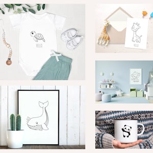 May include: A set of five black and white illustrations featuring various animals. The illustrations include a turtle, a giraffe, a monkey, a whale, and a panda. The illustrations are suitable for use in children's products, such as clothing, wall art, and stationery.