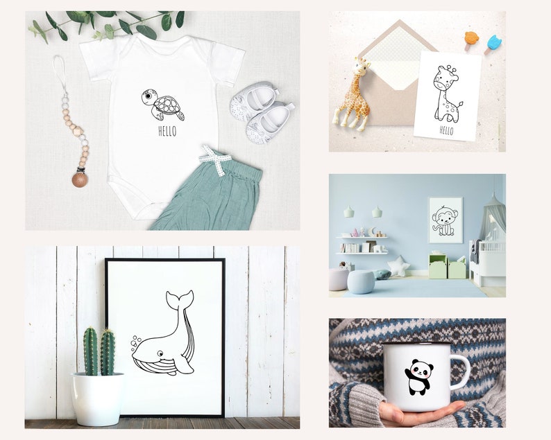 May include: A set of five black and white illustrations featuring various animals. The illustrations include a turtle, a giraffe, a monkey, a whale, and a panda. The illustrations are suitable for use in children's products, such as clothing, wall art, and stationery.