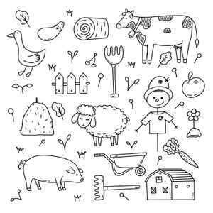 May include: Black and white line drawing illustration of a farm scene with a cow, pig, sheep, goose, hay bales, a fence, a scarecrow, a wheelbarrow, a rake, a pitchfork, a carrot, an apple, a flower, and a barn.