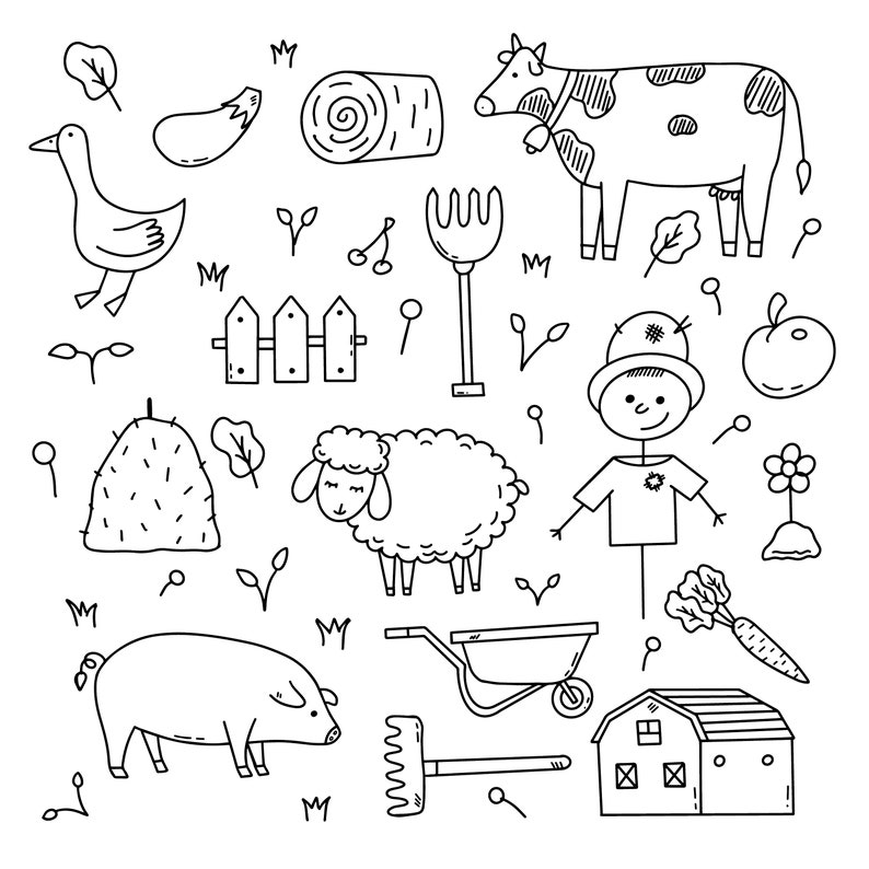 May include: Black and white line drawing illustration of a farm scene with a cow, pig, sheep, goose, hay bales, a fence, a scarecrow, a wheelbarrow, a rake, a pitchfork, a carrot, an apple, a flower, and a barn.