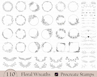 110 Floral Wreath Procreate Stamps, Botanical Brush Set