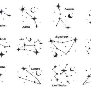 May include: Black and white line art illustrations of the 12 zodiac signs, each with a crescent moon and stars. The signs are: Aquarius, Aries, Gemini, Leo, Libra, Sagittarius, Capricorn, Cancer, Virgo, Scorpio, Taurus, and Pisces.