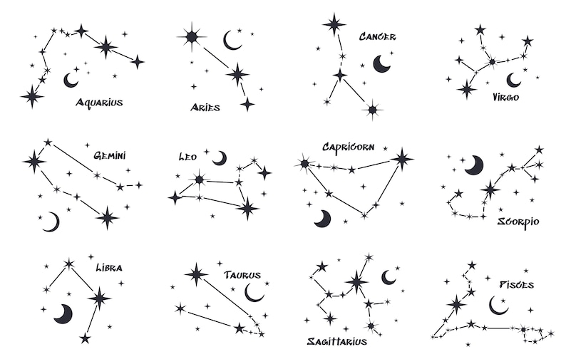 May include: Black and white line art illustrations of the 12 zodiac signs, each with a crescent moon and stars. The signs are: Aquarius, Aries, Gemini, Leo, Libra, Sagittarius, Capricorn, Cancer, Virgo, Scorpio, Taurus, and Pisces.