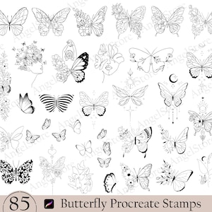 85 carimbos de borboletas florais Procreate, pacote de pincéis de estêncil de tatuagem, conjunto de pincéis de borboletas detalhadas, uso comercial, download digital desenhado à mão