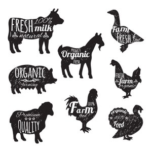 May include: Black and white illustrations of farm animals with text overlays. The animals include a cow, goat, pig, chicken, rooster, goose, sheep, and turkey. The text includes phrases like "Fresh Milk", "Organic Farming", "Farm Fresh Food", and "Premium Quality".