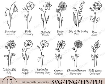 Pacchetto Svg mese di nascita, Svg fiore, Svg fiore di nascita, Svg floreale, Svg botanico, Svg rosa, Svg margherita, Svg papavero, Svg compleanno, clipart