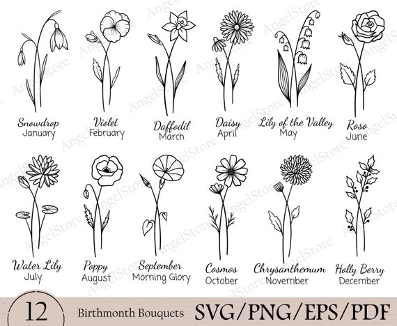 Birth Month Svg Bundle, Flower Svg, Birth Flower Svg, Floral svg, Botanical svg, Rose svg, Daisy svg, Poppy svg, Birthday svg, clipart