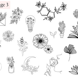 May include: A collection of black and white line drawings featuring various floral and nature-inspired designs. The designs include flowers, leaves, a lightbulb, a moon, a cactus, a book, a camera, and a geometric shape.