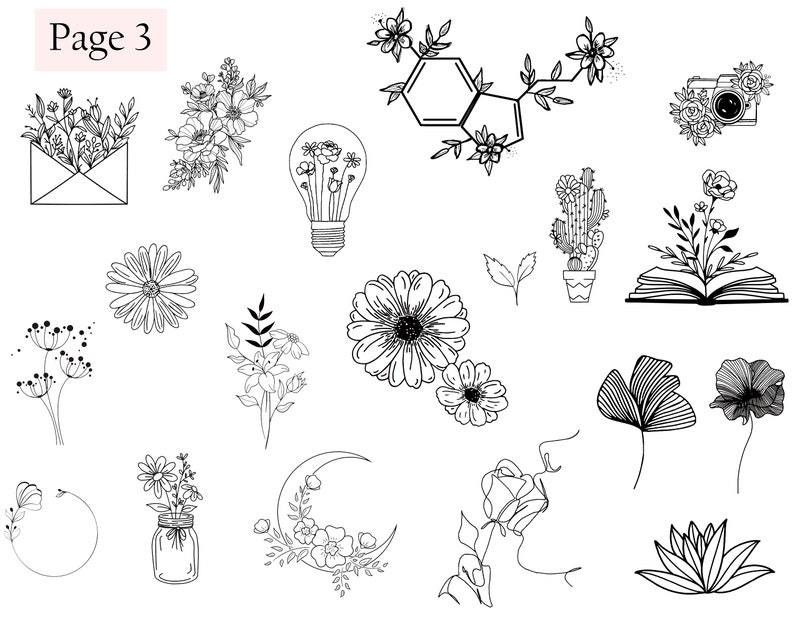 May include: A collection of black and white line drawings featuring various floral and nature-inspired designs. The designs include flowers, leaves, a lightbulb, a moon, a cactus, a book, a camera, and a geometric shape.