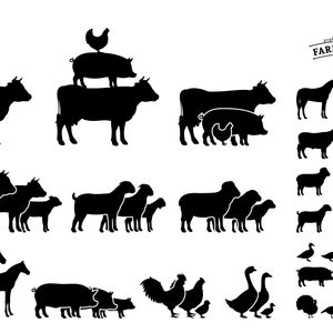 May include: Black silhouette illustrations of farm animals, including cows, pigs, sheep, horses, chickens, ducks, and geese. The image includes the text "FARM ANIMALS collection".