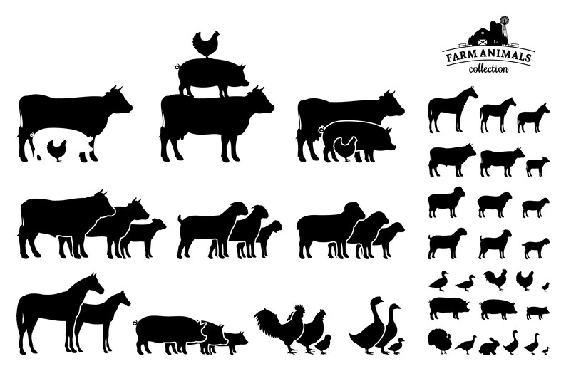May include: Black silhouette illustrations of farm animals, including cows, pigs, sheep, horses, chickens, ducks, and geese. The image includes the text "FARM ANIMALS collection".