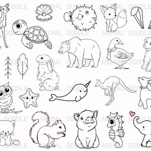 May include: Black and white line drawings of various animals, including a deer, turtle, bear, rabbit, owl, narwhal, kangaroo, unicorn, cat, squirrel, pig, seahorse, and elephant. The drawings are simple and whimsical, perfect for coloring pages or craft projects.