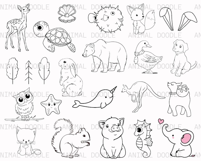 May include: Black and white line drawings of various animals, including a deer, turtle, bear, rabbit, owl, narwhal, kangaroo, unicorn, cat, squirrel, pig, seahorse, and elephant. The drawings are simple and whimsical, perfect for coloring pages or craft projects.