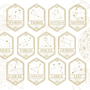 May include: A gold and white illustration of the 12 zodiac signs with their corresponding constellations and names. Each sign is depicted in a hexagonal frame with a gold outline. The signs are arranged in a grid pattern.
