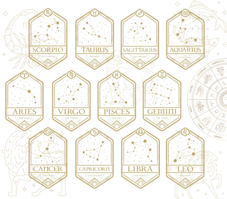 May include: A gold and white illustration of the 12 zodiac signs with their corresponding constellations and names. Each sign is depicted in a hexagonal frame with a gold outline. The signs are arranged in a grid pattern.
