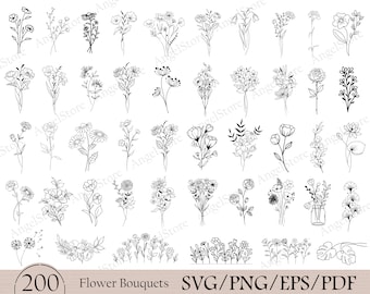 200 Floral Bouquet SVG Bundle, Botanical Clipart (pdf, svg, png)