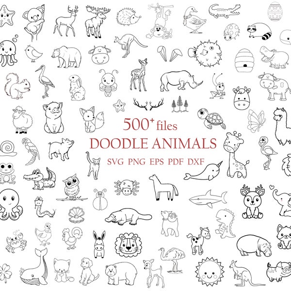 Pakiet 500 plików Animal Doodle SVG | Zwierzęta Svg | Doodle Svg | SVG zwierząt Safari | słodkie zwierzę svg | svg zwierząt hodowlanych | Clipart zwierząt | png