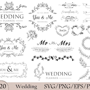 May include: A set of 120 black and white wedding-themed illustrations. The illustrations include wreaths, banners, hearts, leaves, and text such as "You & Me", "Mr & Mrs", "Wedding Planner", and "Reception Groom".