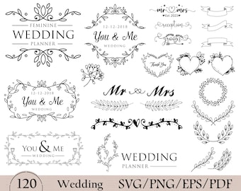 Lot de 120 mariages SVG, monogrammes floraux (fichiers coupés)