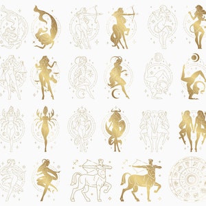 May include: A set of 12 gold zodiac signs, each depicting a different astrological symbol. The signs are arranged in a grid pattern, with a circle around each sign. The background is white.