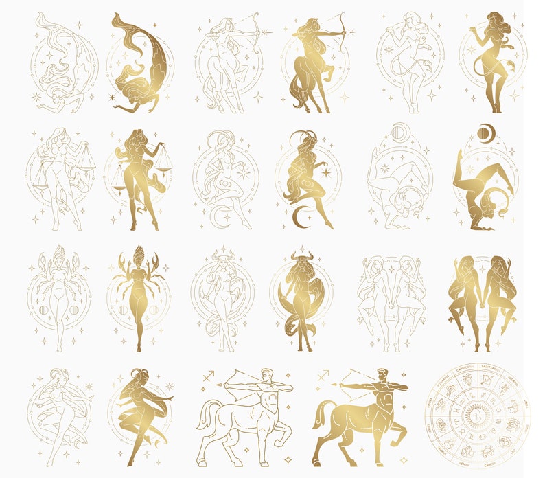 May include: A set of 12 gold zodiac signs, each depicting a different astrological symbol. The signs are arranged in a grid pattern, with a circle around each sign. The background is white.