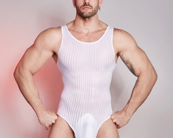 Herren Nylon Bodysuit Wrestling Durchsichtig Singlet mit Beutel-Design Sissy Mankini Sheer Leotard Backless Weste Ärmelloses Einteiler Singlet