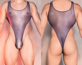 Herren-Nylon-Glanz-Bodysuit, durchsichtiges Ringer-Unterhemd mit Beuteldesign, durchsichtiger Sissy-Trikot-Overall, transparente Dessous