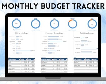 Maandbudgettracker, financieel budgetplanner Maandbudgetspreadsheet Excel-sjabloon Budgettering per categorie Uitgaven Rekeningen Schuldeninkomsten