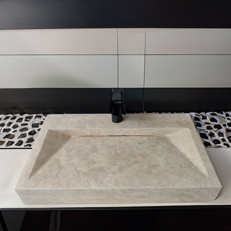 Travertine Concealed Drain Sink Rectangular Handmade Natural Stone