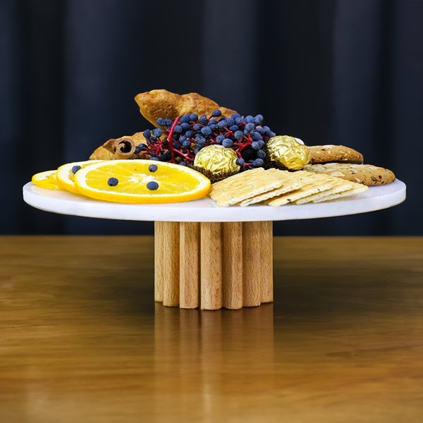 Présentoir à gâteaux en marbre blanc, piédestal rond en bois, plateau de service, décoration de table de cuisine