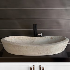 Travertine Ellipse Sink, Natural Stone Thin Edge, Trough Vessel Wide Washbasin