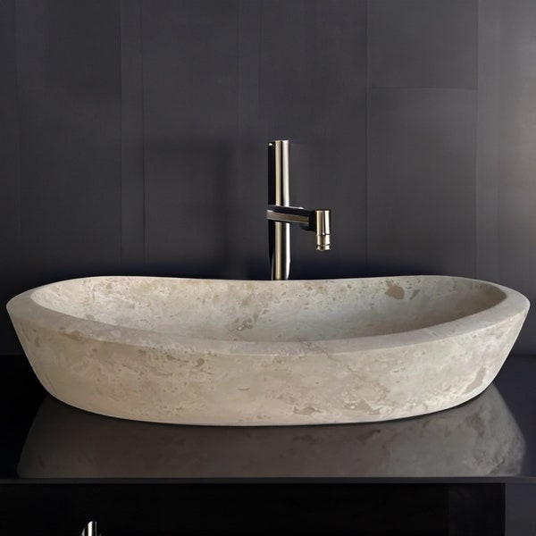 Travertine Ellipse Sink, Natural Stone Thin Edge, Trough Vessel Wide Washbasin