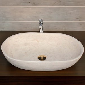 Travertine Ellipse Sink, Natural Stone Thin Edge, Trough Vessel Washbasin