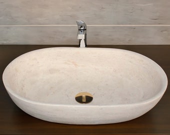 Travertine Ellipse Sink, Natural Stone Thin Edge, Trough Vessel Washbasin
