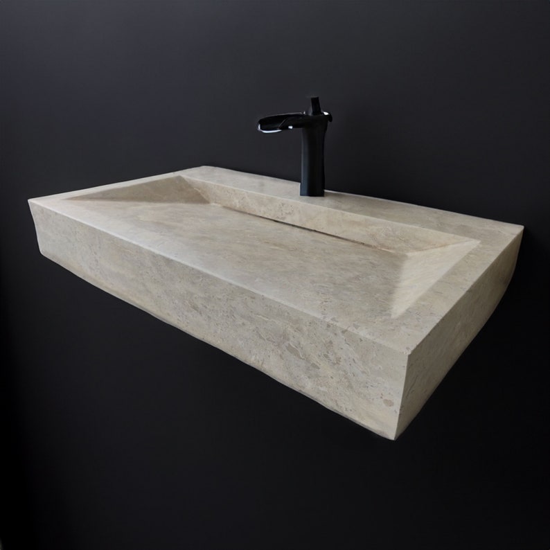 Travertine Concealed Drain Sink Rectangular Handmade Natural Stone