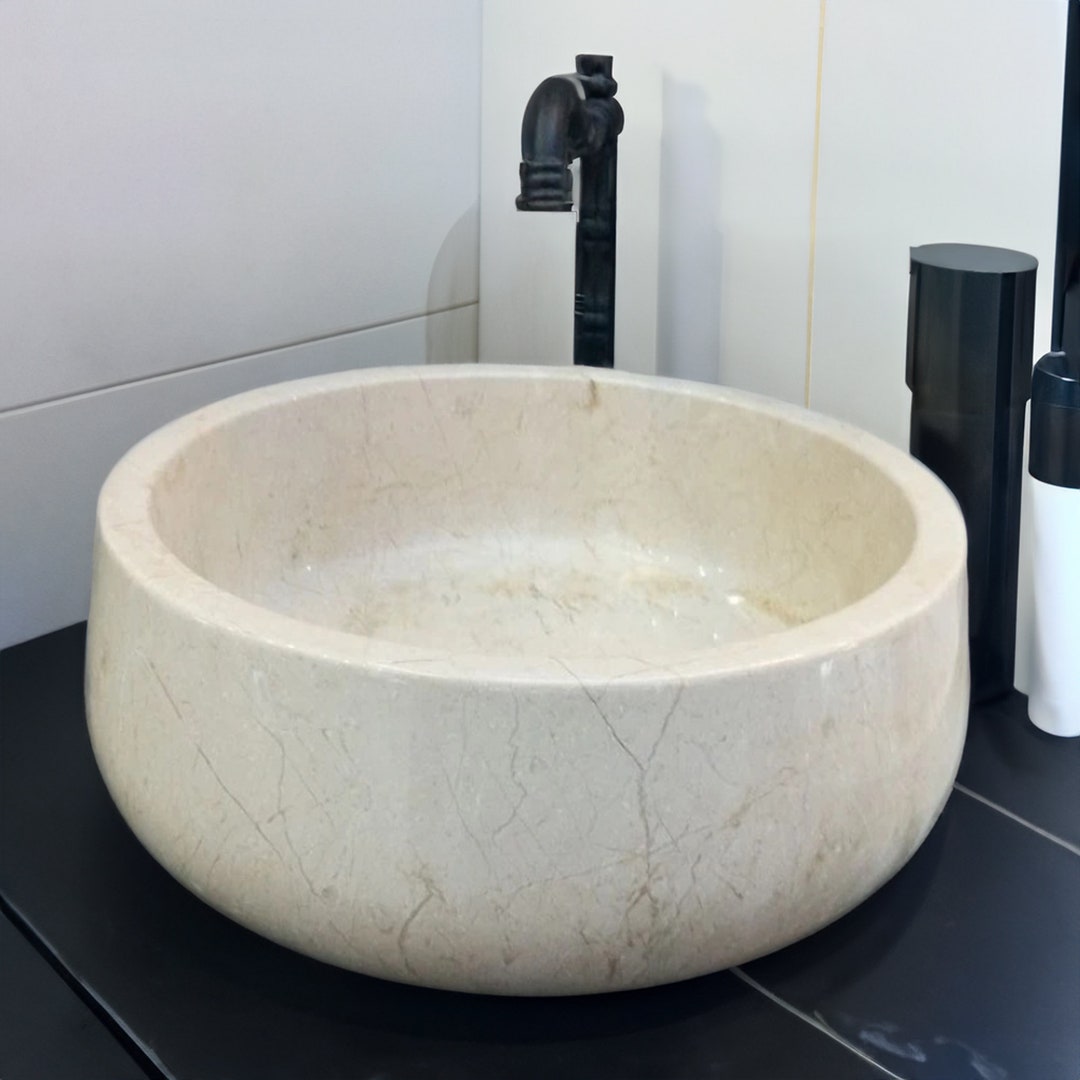 Steingefäß-Waschbecken Aus Marmor – Beige-graues Ovales Becken Für Moderne Badezimmer