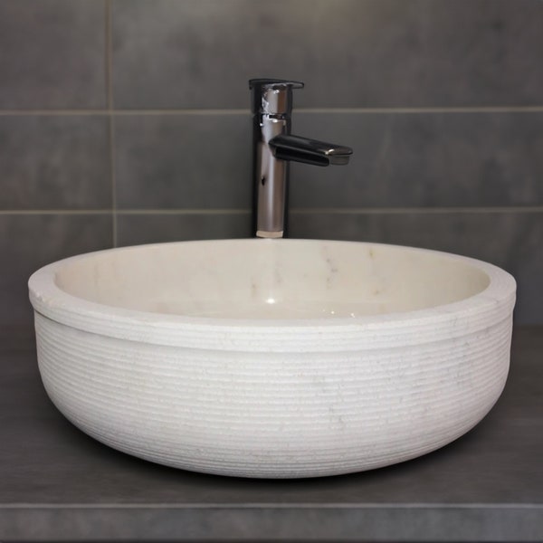 Scratched Marble Sink, Handcrafted %100 Natural Round White Stone Washbasin