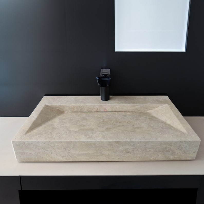 Travertine Concealed Drain Sink Rectangular Handmade Natural Stone