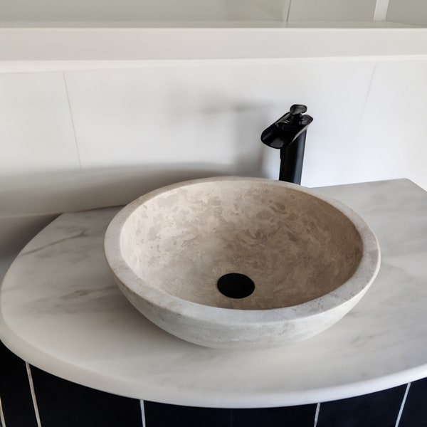 Travertine Round Sink,  Beige Marble Washbasin, Bathroom Decor Gift