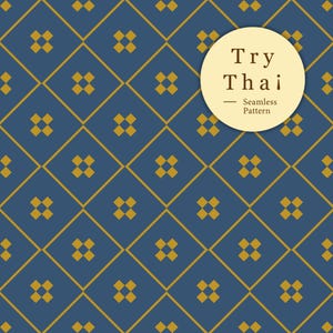 Può includere: Un design a motivo continuo con un motivo geometrico ripetuto di diamanti dorati e piccoli quadrati dorati su sfondo blu navy. Un'etichetta circolare recita "Try Thai - Seamless Pattern".