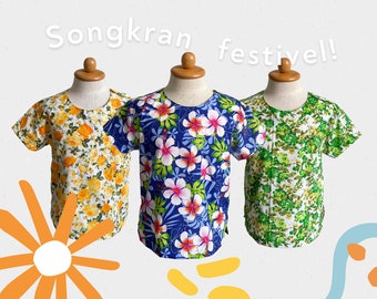 Traditionelles Thailändisches Blumendruck-Baumwoll-Hemd für Kinder, Jugendliche (Größe: M-XXL)