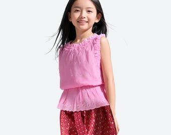Set von Thai Traditionellen Spitzen-Baumwoll-Hemd mit Hose für Mädchen-Kinder (Größe: M-XXL)