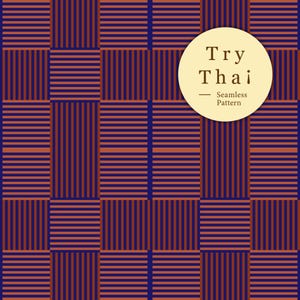 May include: A seamless pattern with a woven appearance. The design features a grid of alternating vertical and horizontal stripes in shades of orange and navy blue. A circular element in the upper right corner reads "Try Thai - Seamless Pattern."